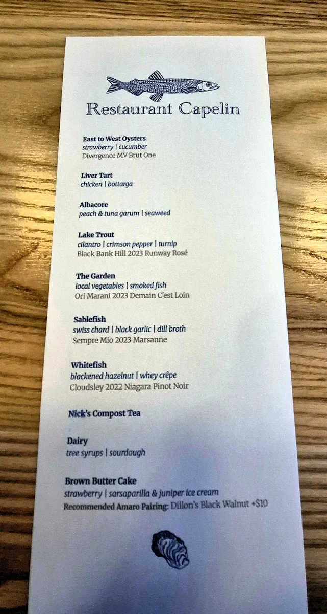 Menu, Restaurant Capelin