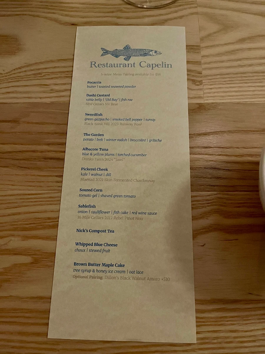 Menu, Restaurant Capelin
