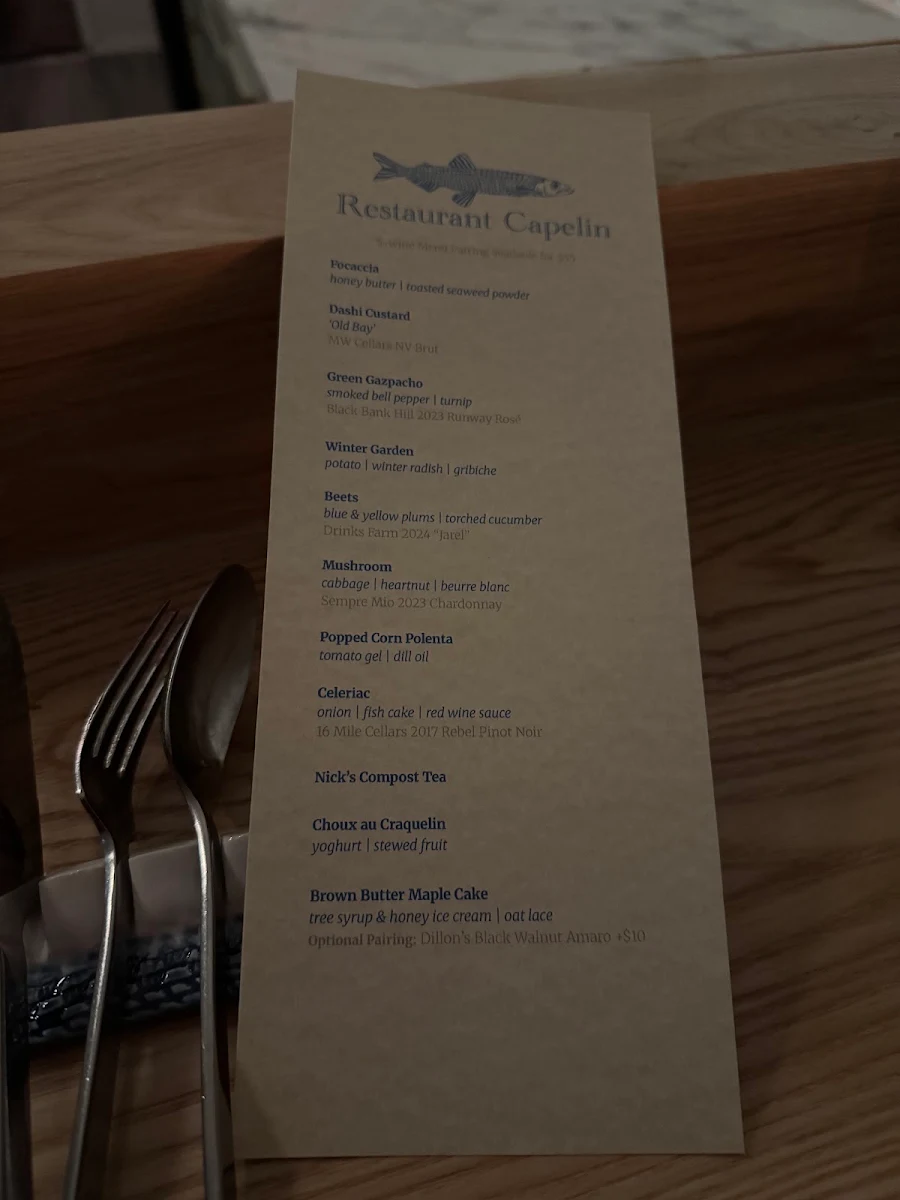 Menu, Restaurant Capelin