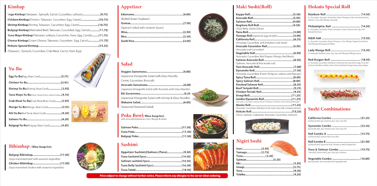 Menu, Hokuto Sushi & K-Kimbap