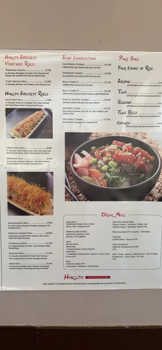 Menu, Hokuto Sushi & K-Kimbap