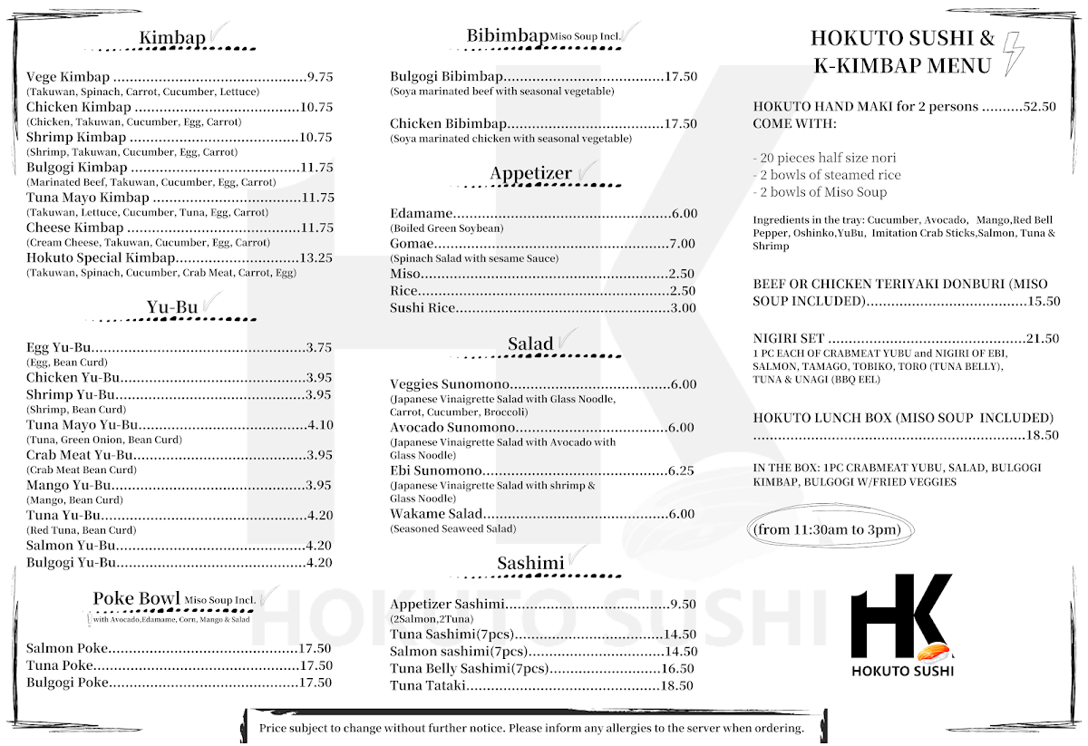 Menu, Hokuto Sushi & K-Kimbap