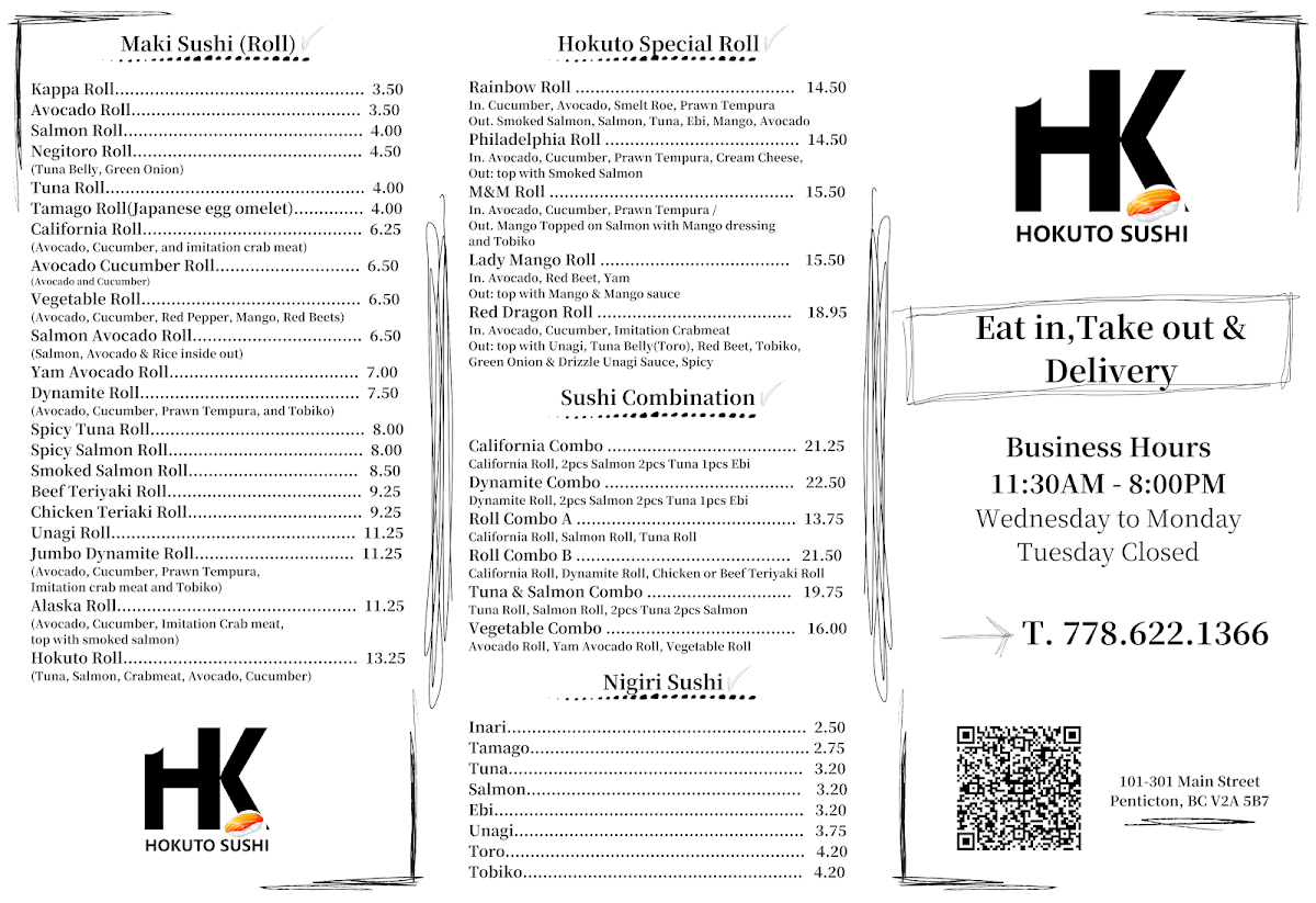 Menu, Hokuto Sushi & K-Kimbap