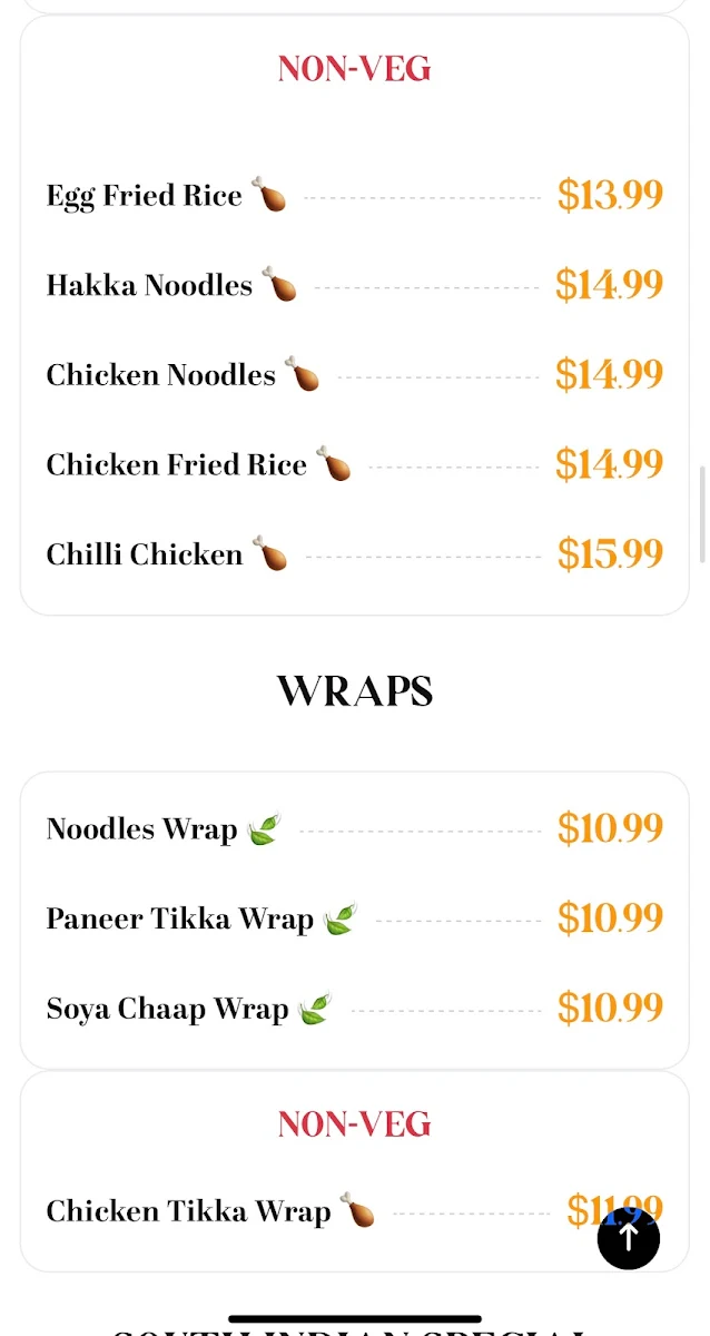 Menu, Indian Street Foods