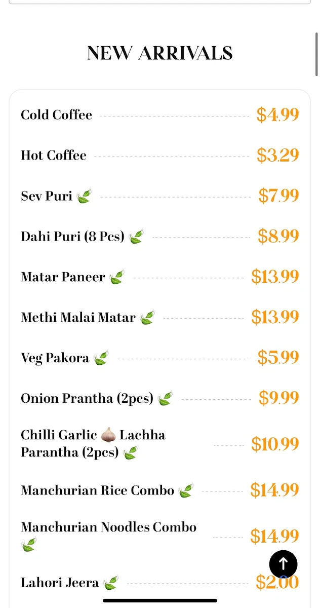 Menu, Indian Street Foods