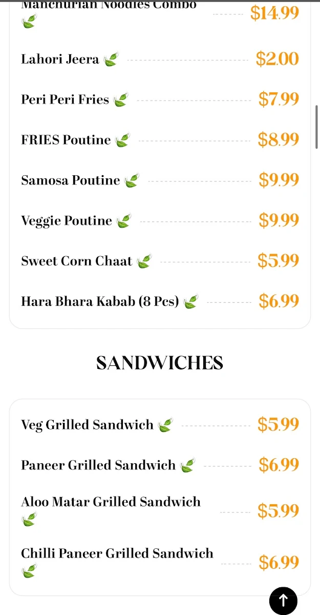 Menu, Indian Street Foods
