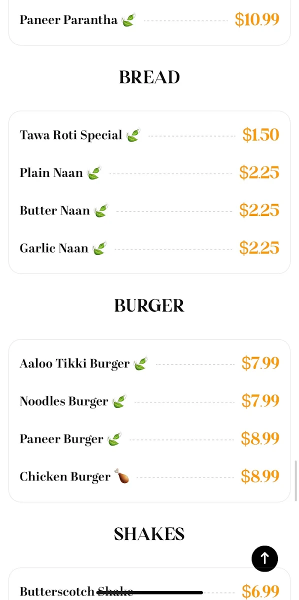 Menu, Indian Street Foods