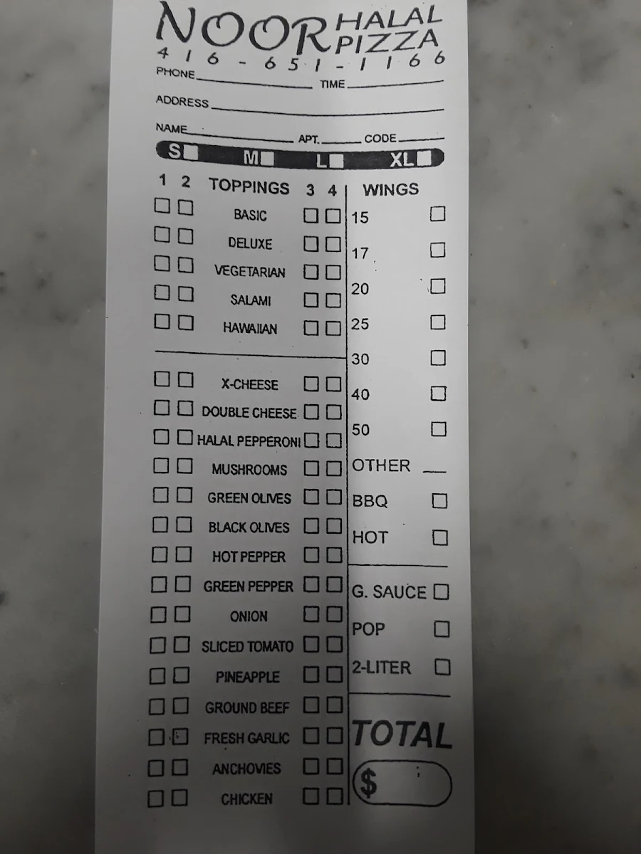 Menu, El Nour Halal Pizza & Chicken