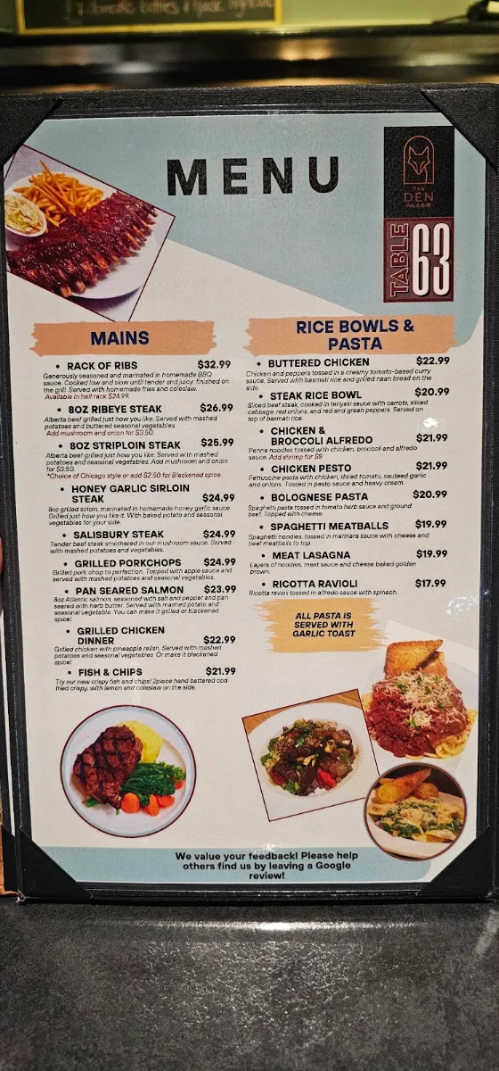 Menu, The Den