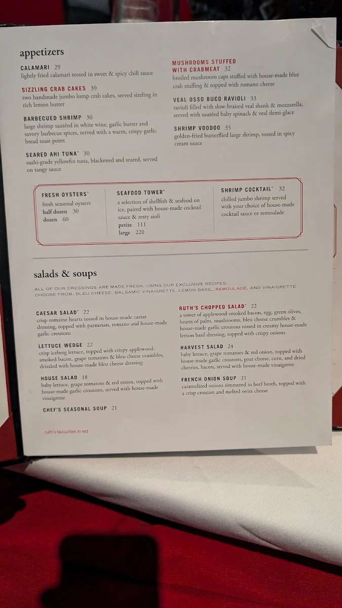 Menu, Ruth's Chris Steak House