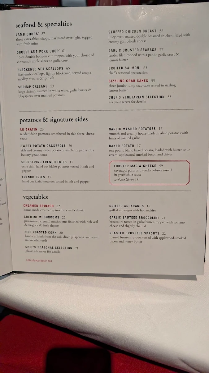 Menu, Ruth's Chris Steak House