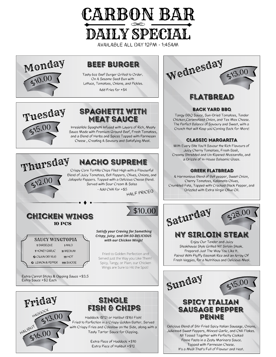 Menu, Carbon Bar and Grill