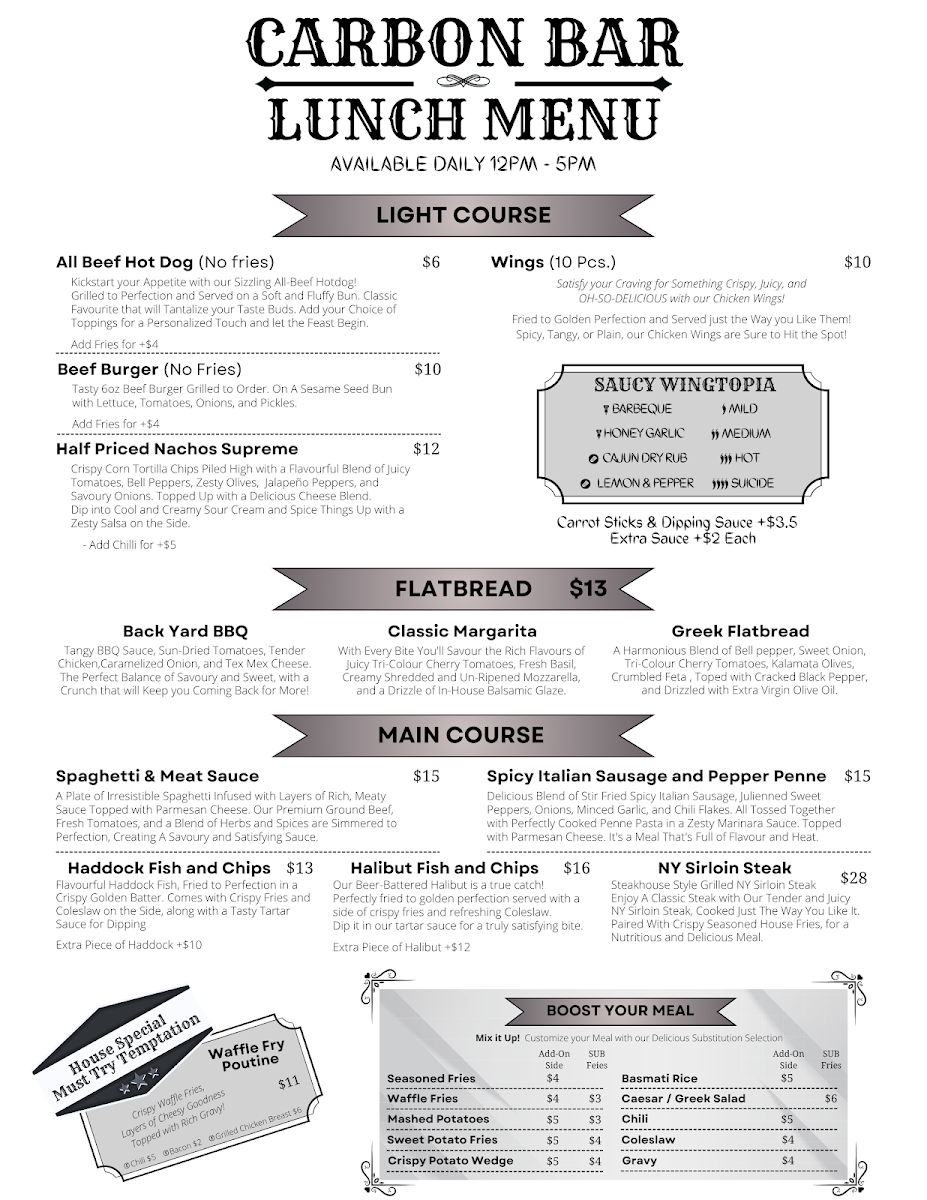 Menu, Carbon Bar and Grill