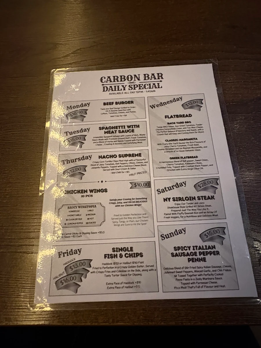 Menu, Carbon Bar and Grill
