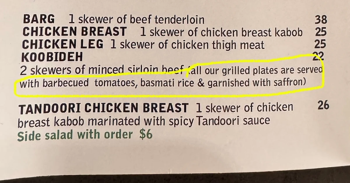 Menu, Deedar Persian Restaurant