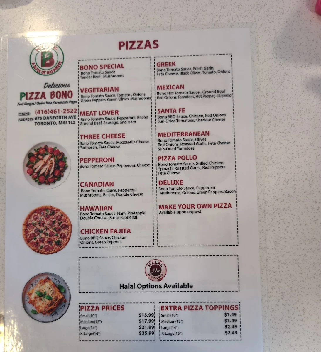Menu, Pizza Bono