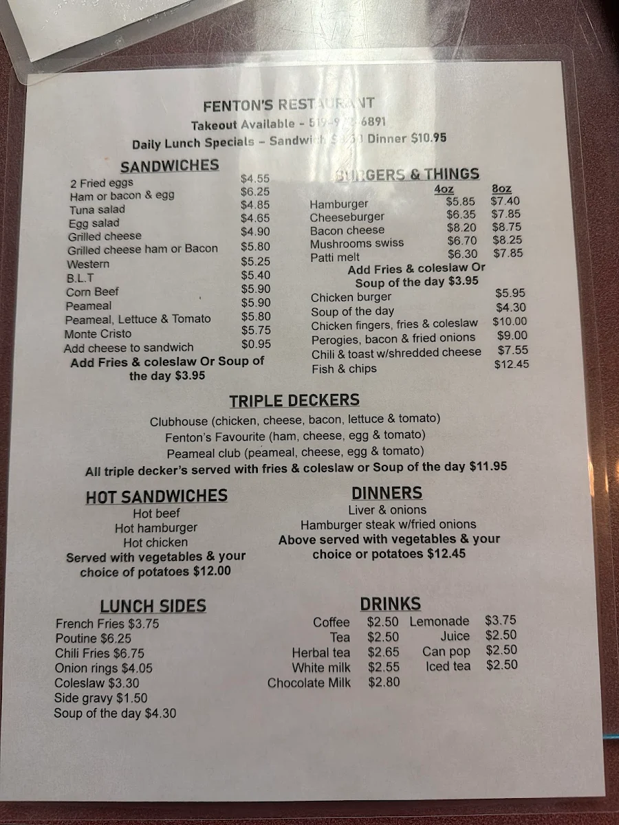 Menu, Fenton's Restaurant