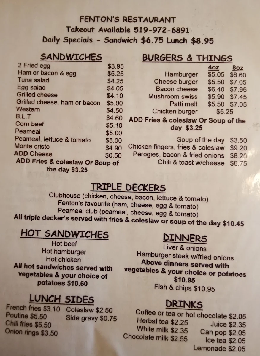 Menu, Fenton's Restaurant