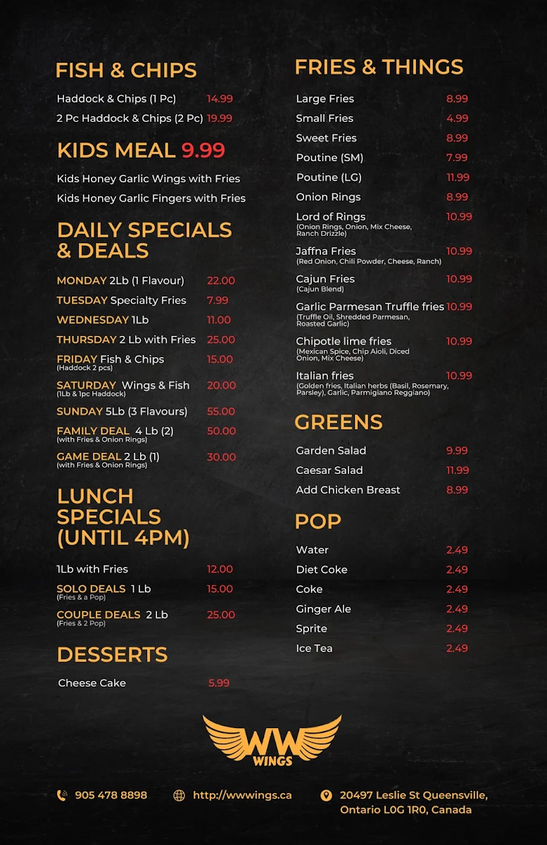 Menu, WW Wings