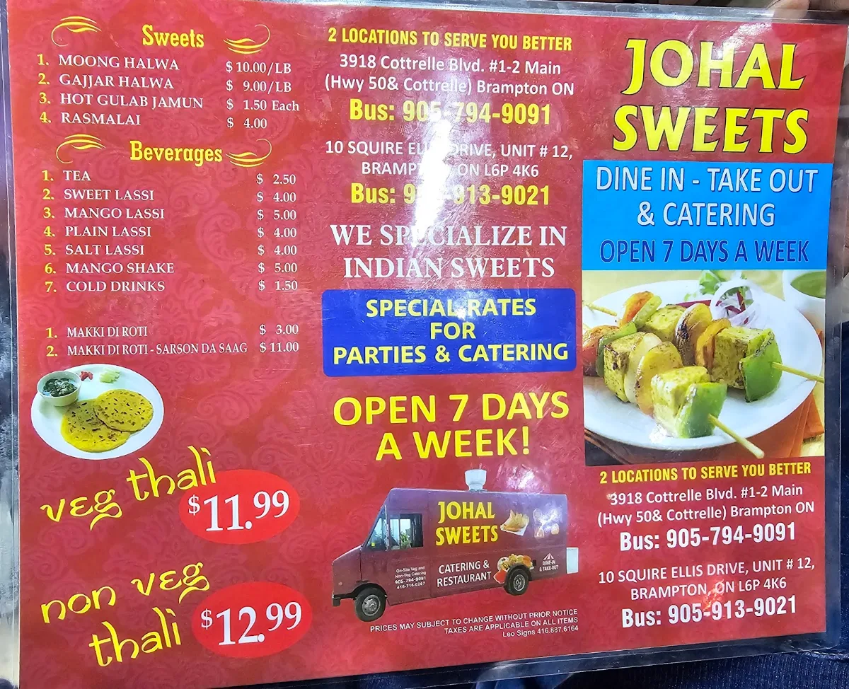 Menu, Johal Sweets & Restaurant