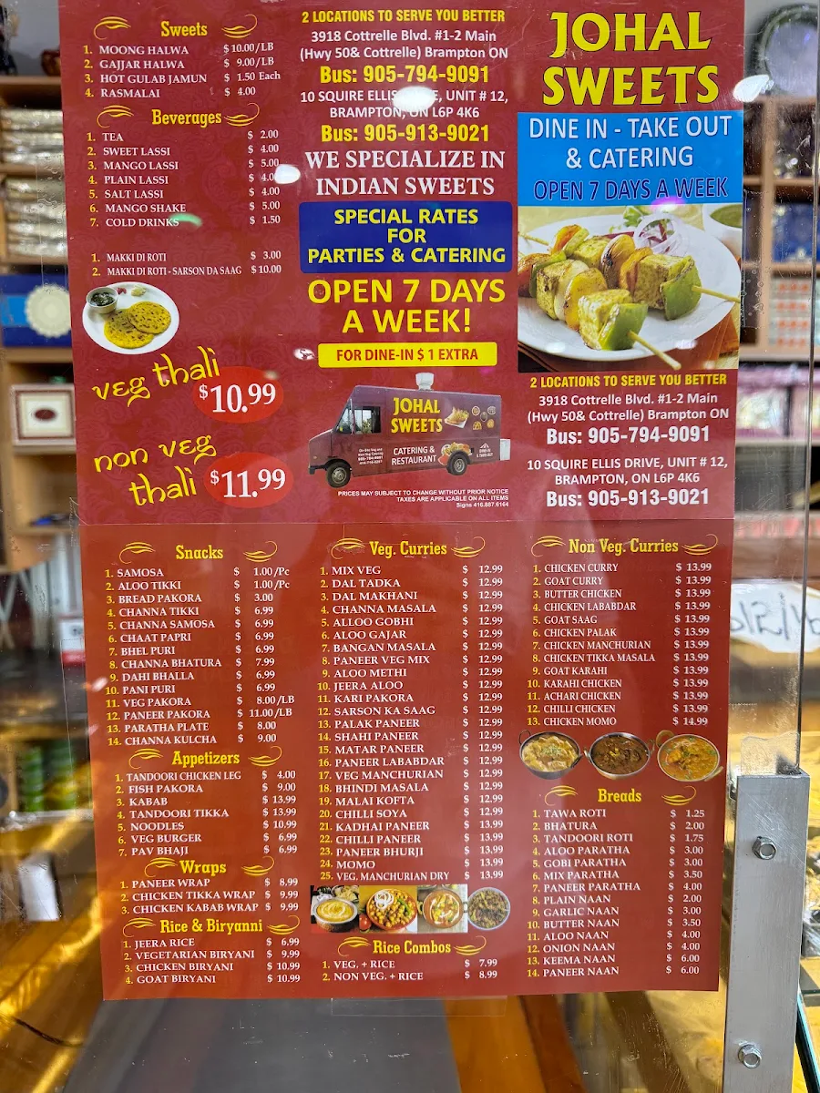 Menu, Johal Sweets & Restaurant