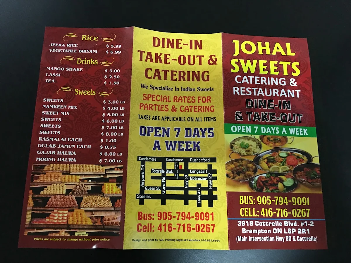Menu, Johal Sweets & Restaurant
