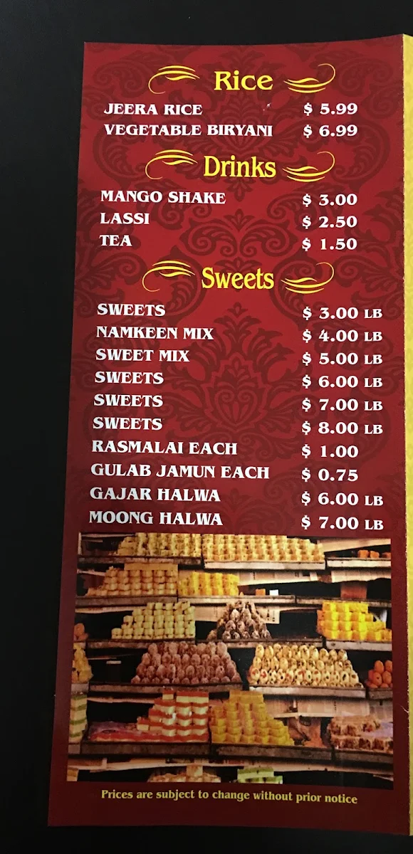 Menu, Johal Sweets & Restaurant