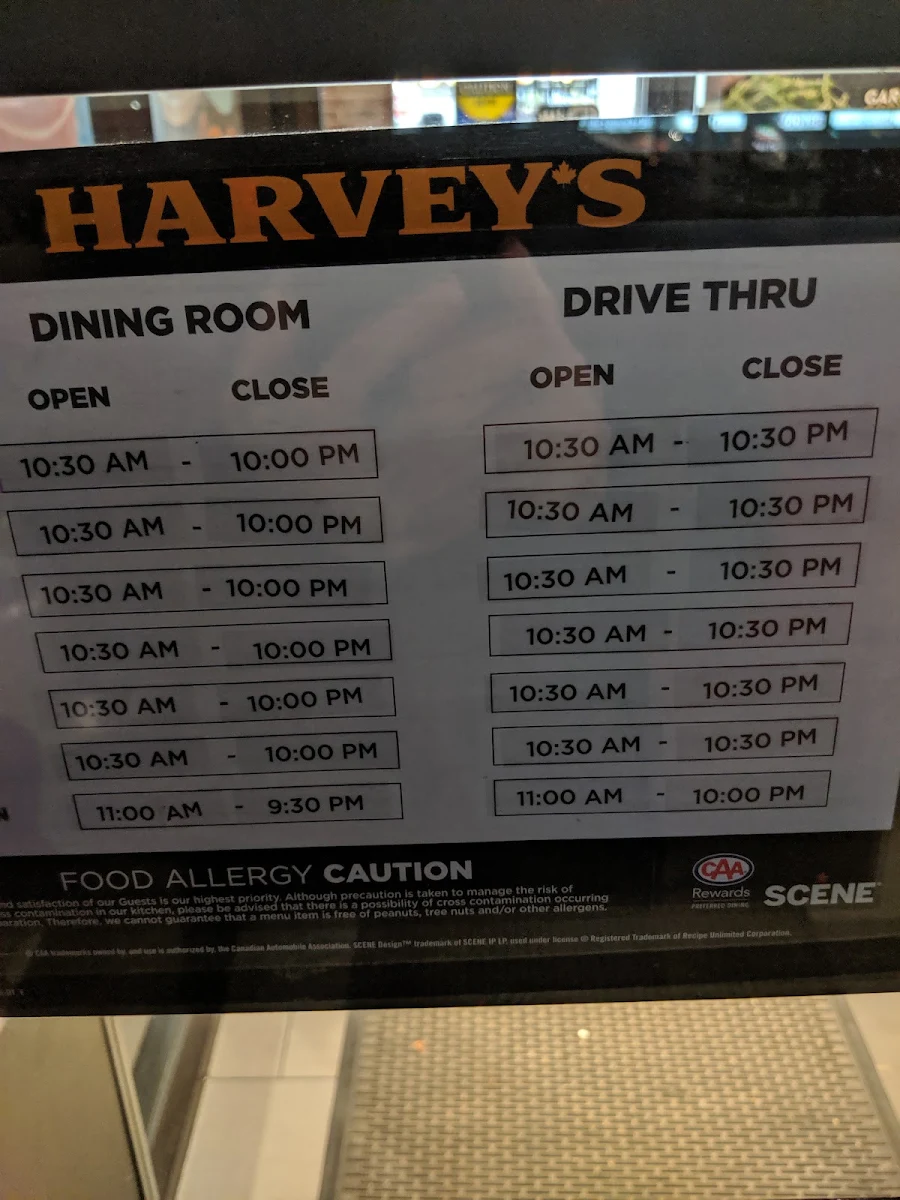 Menu, Harvey's