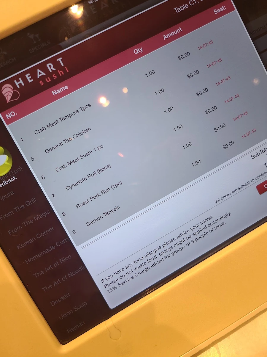 Menu, Heart Sushi