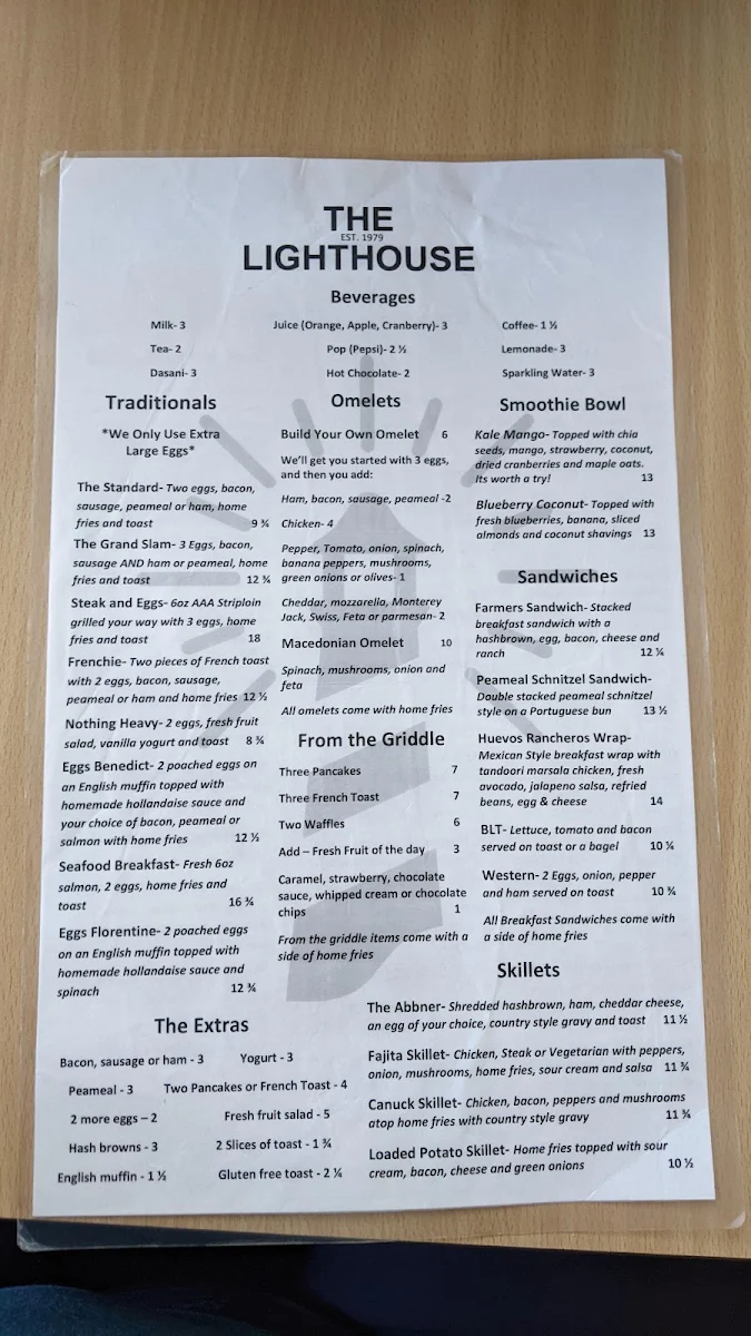 Menu, The Lighthouse Restaurant