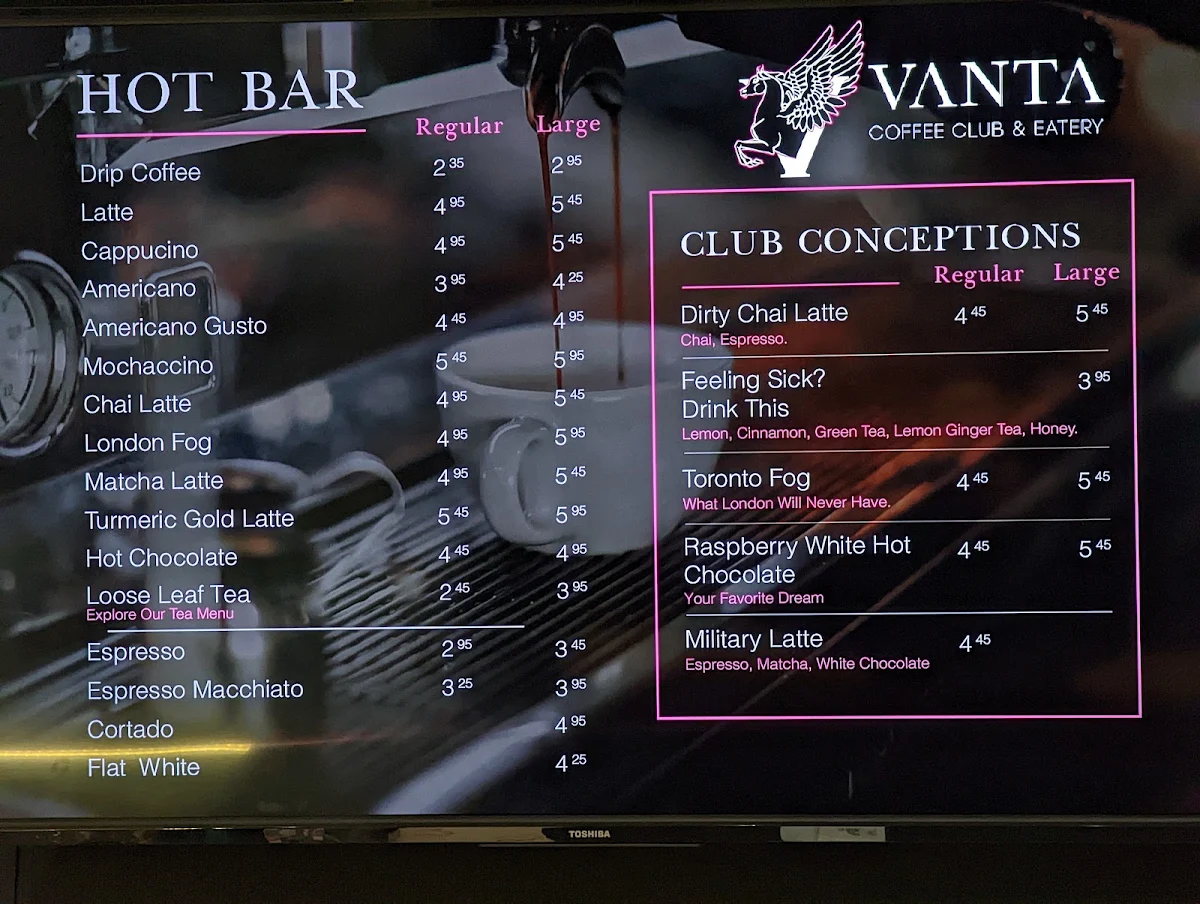 Menu, Vanta Coffee Club