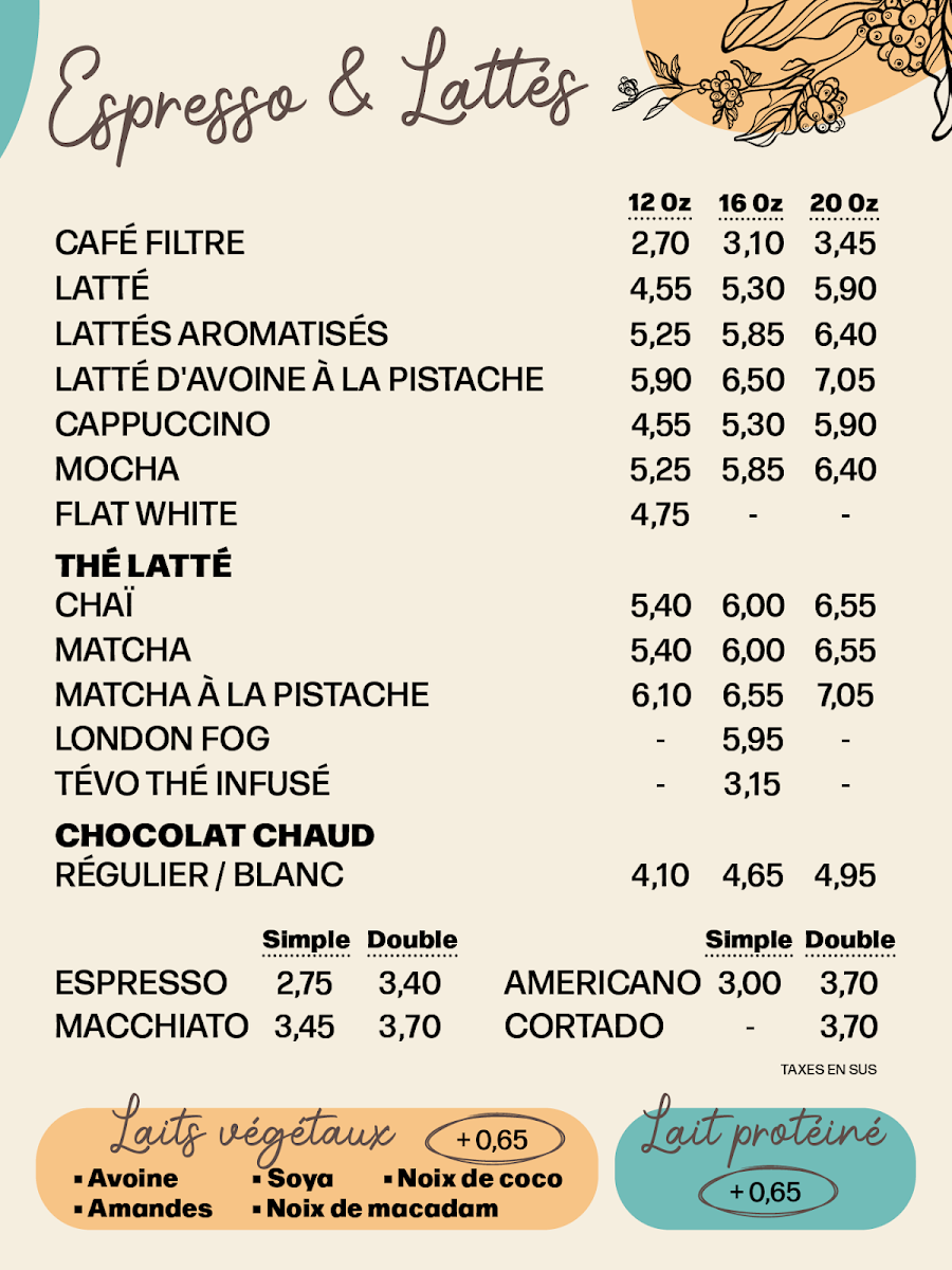 Menu, Café Dépôt