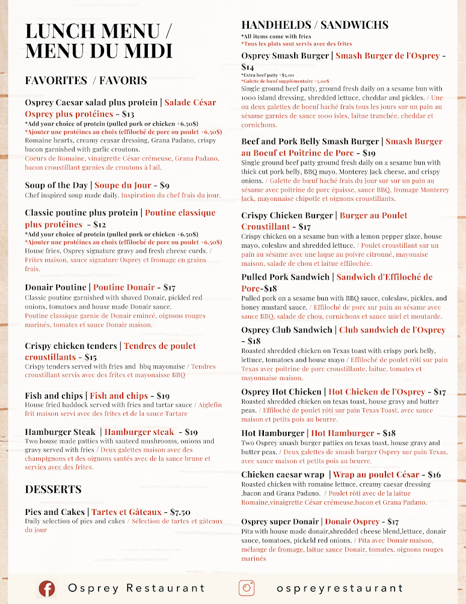 Menu, Osprey Restaurant