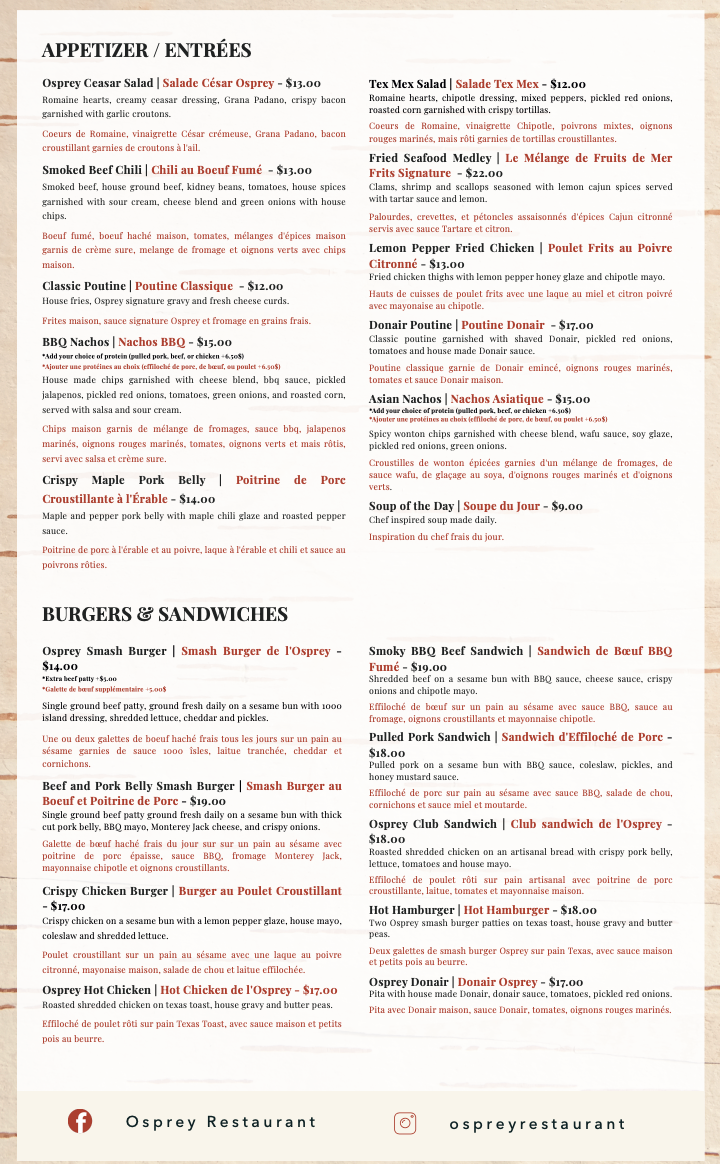 Menu, Osprey Restaurant