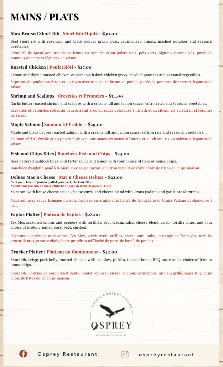 Menu, Osprey Restaurant