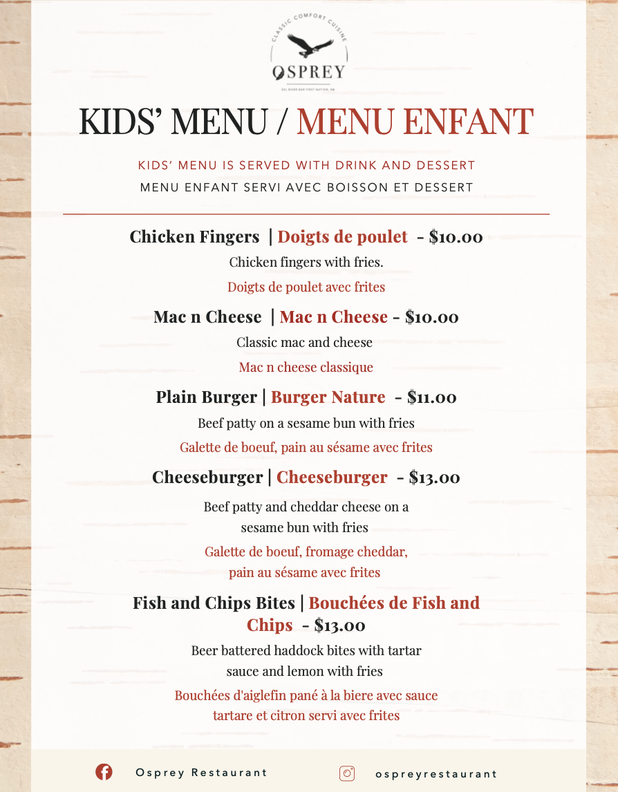Menu, Osprey Restaurant