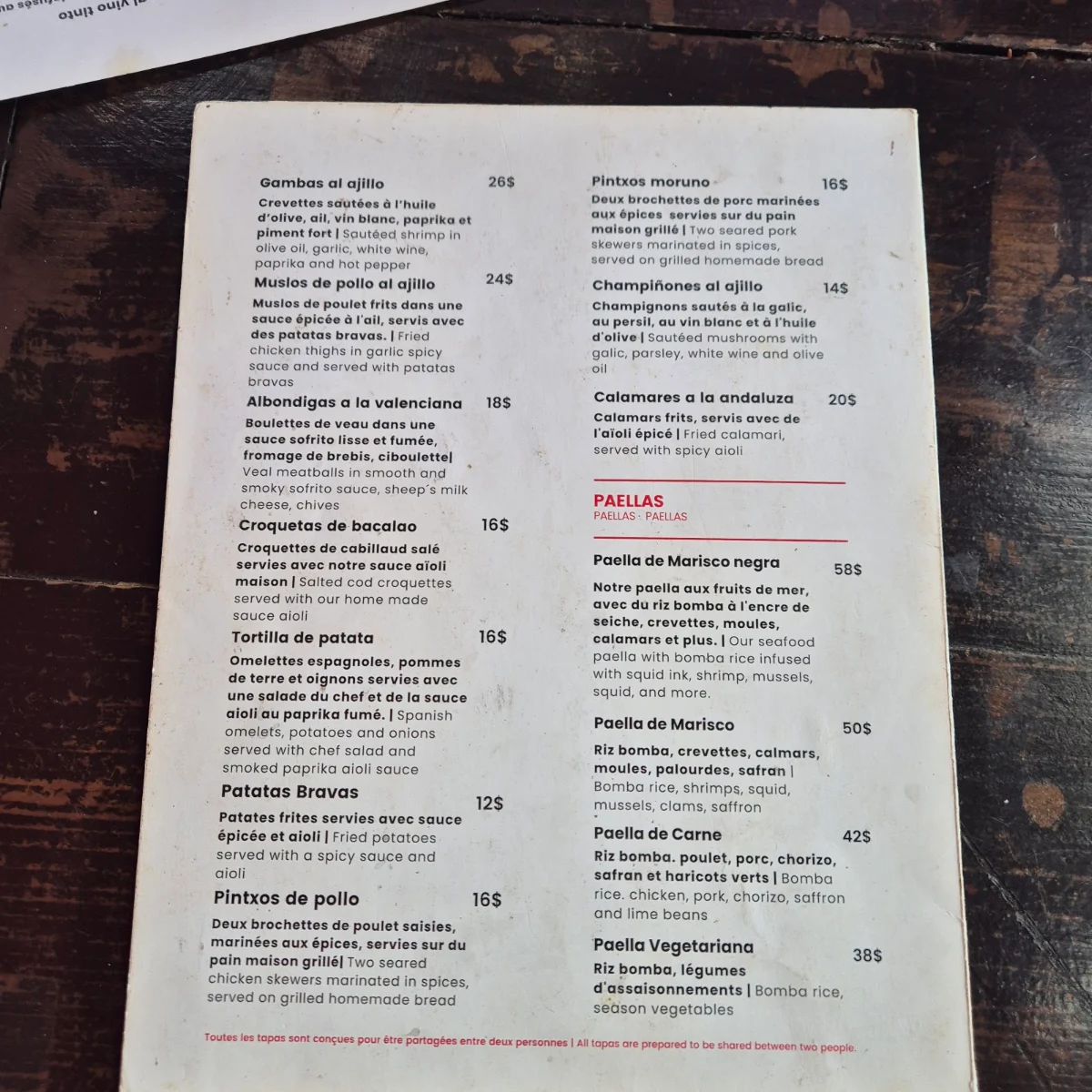 Menu, OLE Tapas