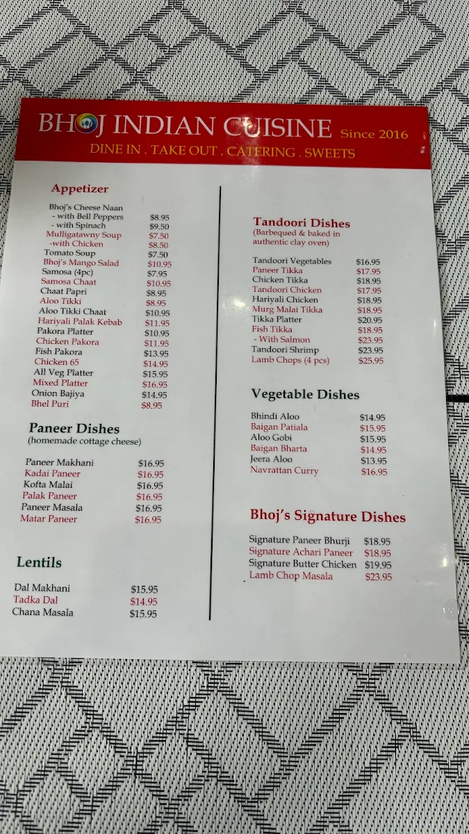 Menu, Bhoj Indian Cuisine
