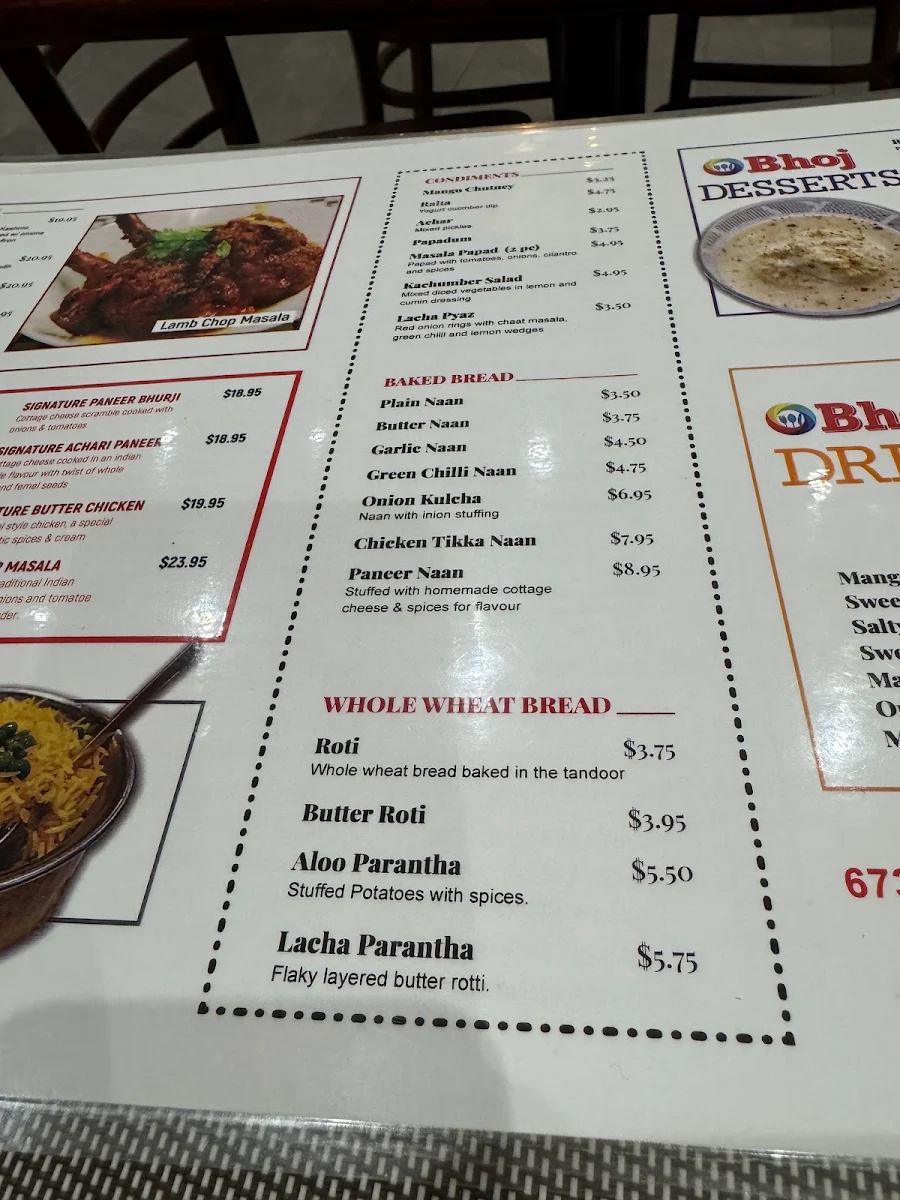 Menu, Bhoj Indian Cuisine
