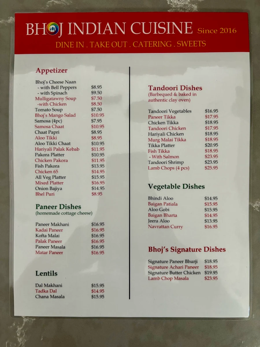 Menu, Bhoj Indian Cuisine