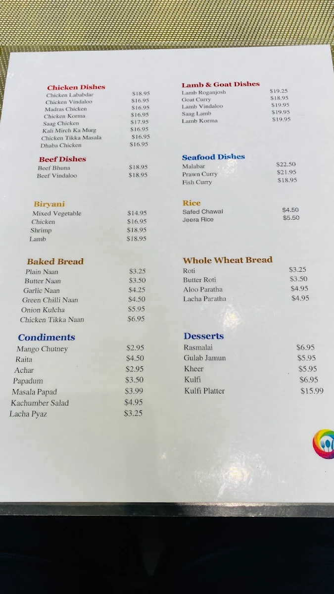 Menu, Bhoj Indian Cuisine