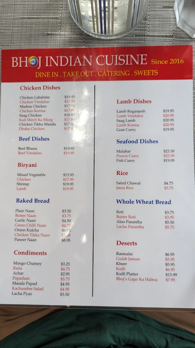 Menu, Bhoj Indian Cuisine