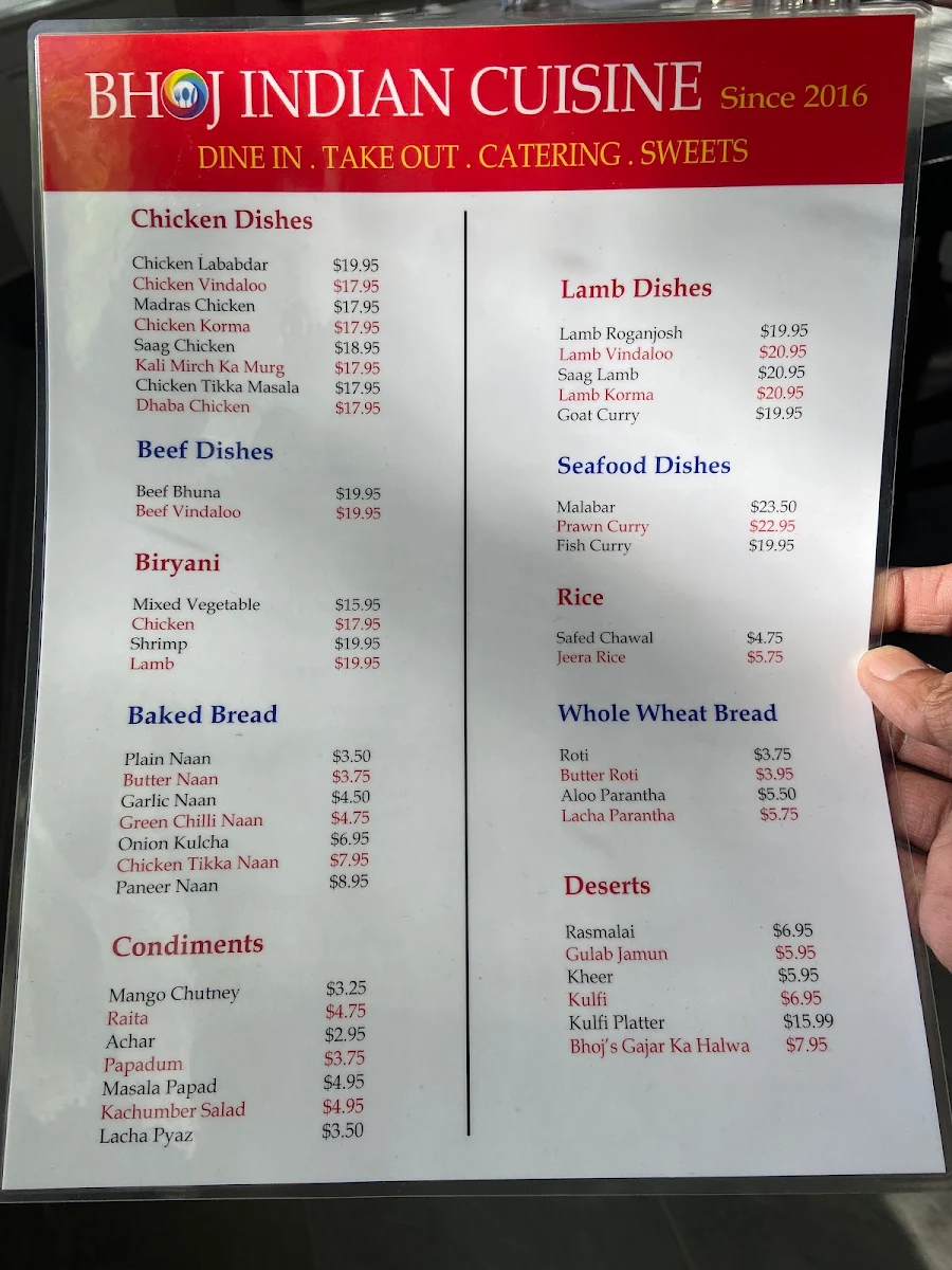 Menu, Bhoj Indian Cuisine