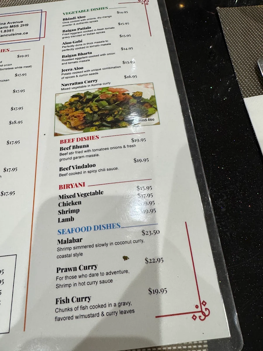 Menu, Bhoj Indian Cuisine