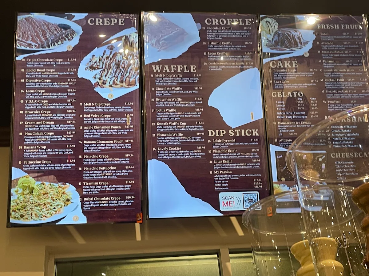 Menu, Melt n dip sweets, desserts and Gelato
