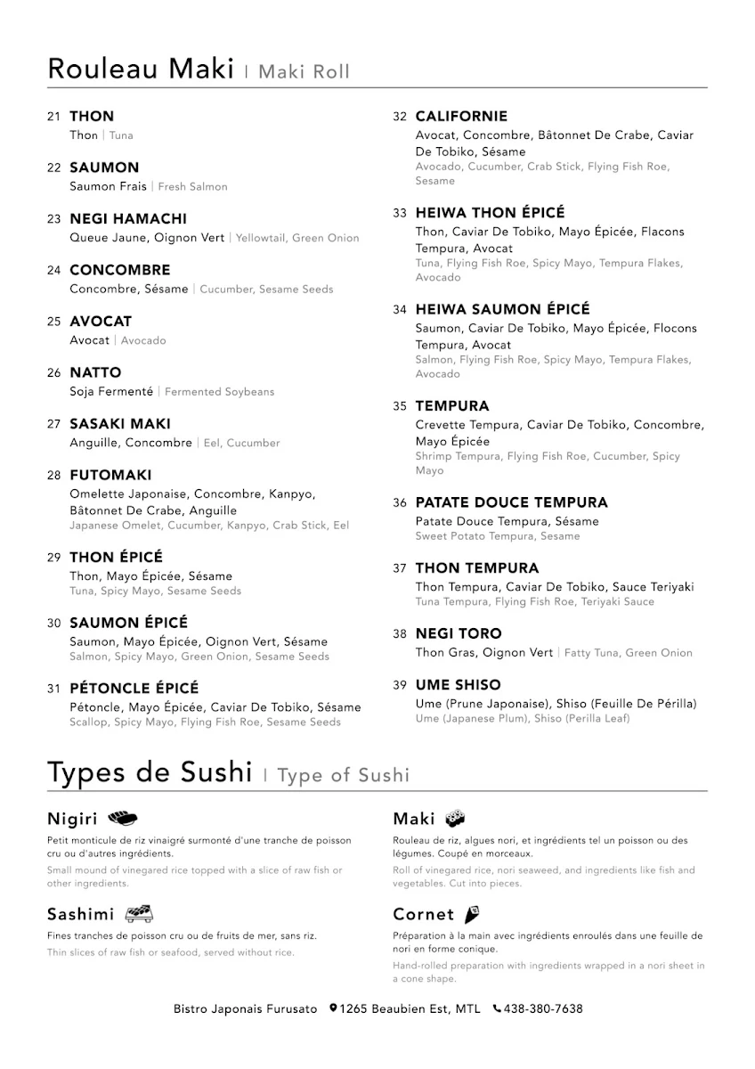Menu, Bistro Japonais Furusato