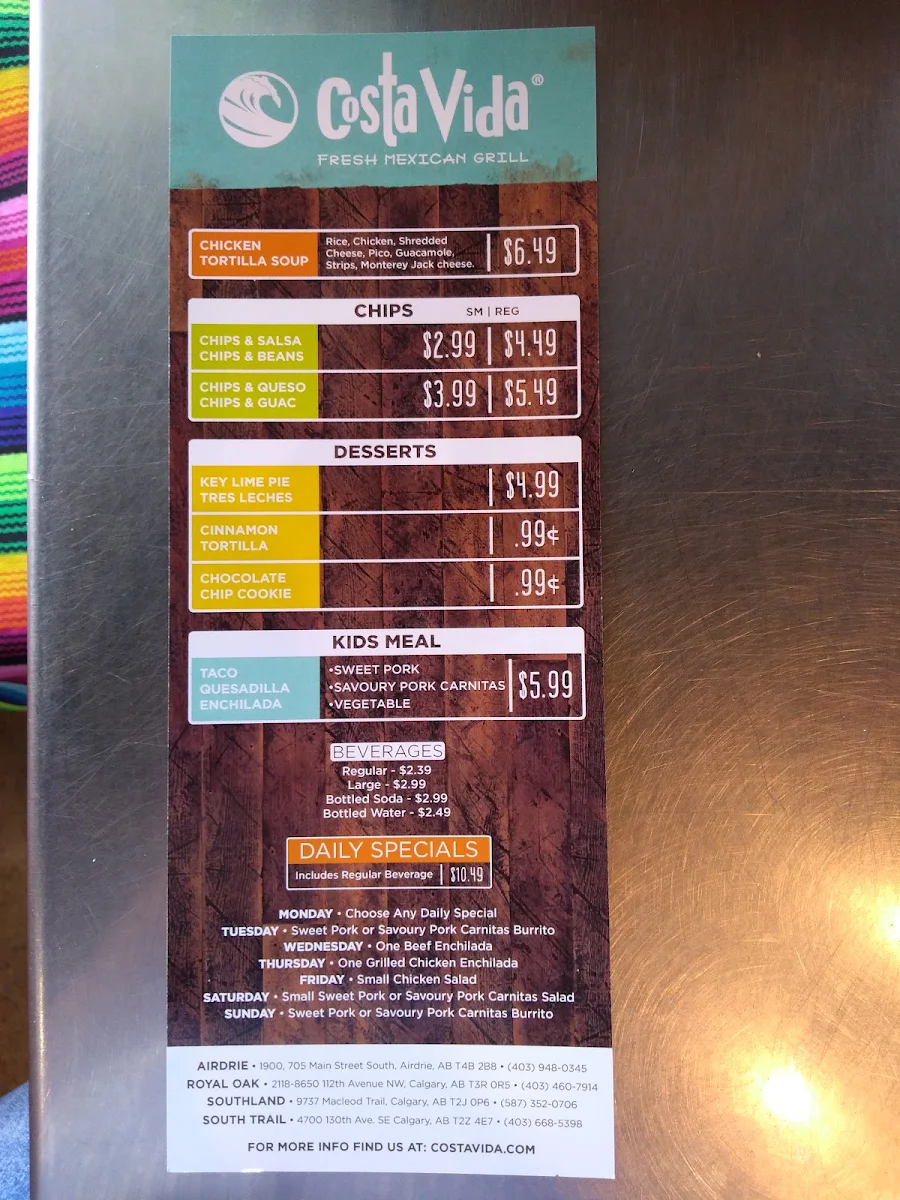 Menu, Costa Fresh Mexican Grill