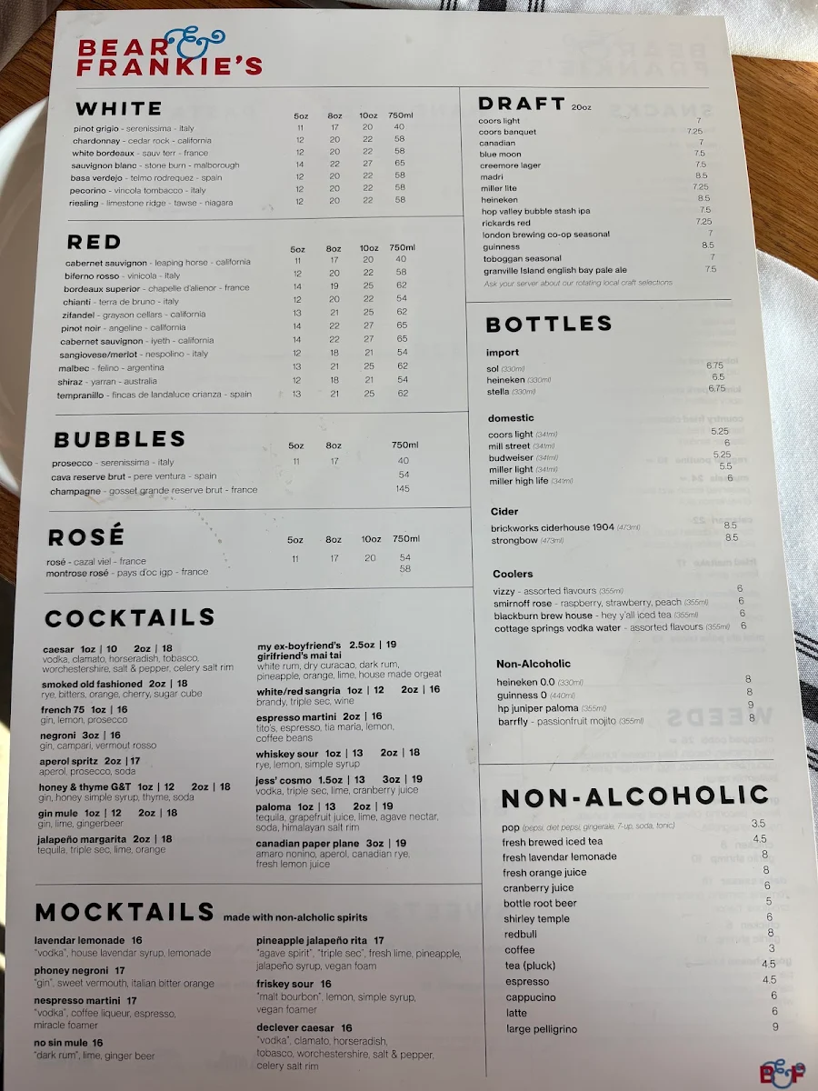 Menu, Bear & Frankie’s