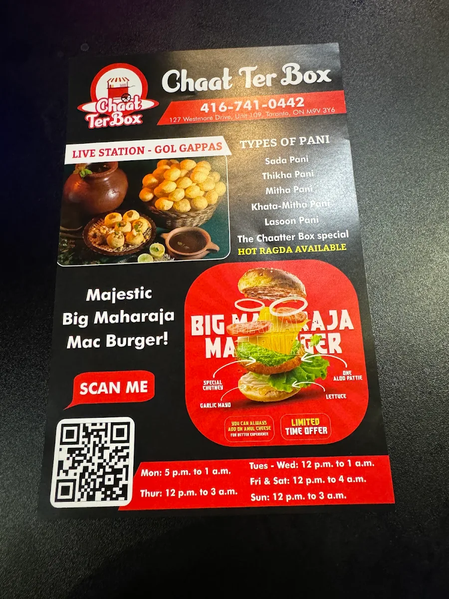 Menu, Chaatter Box Resturant Hamilton - Best Live Pani puri in canada