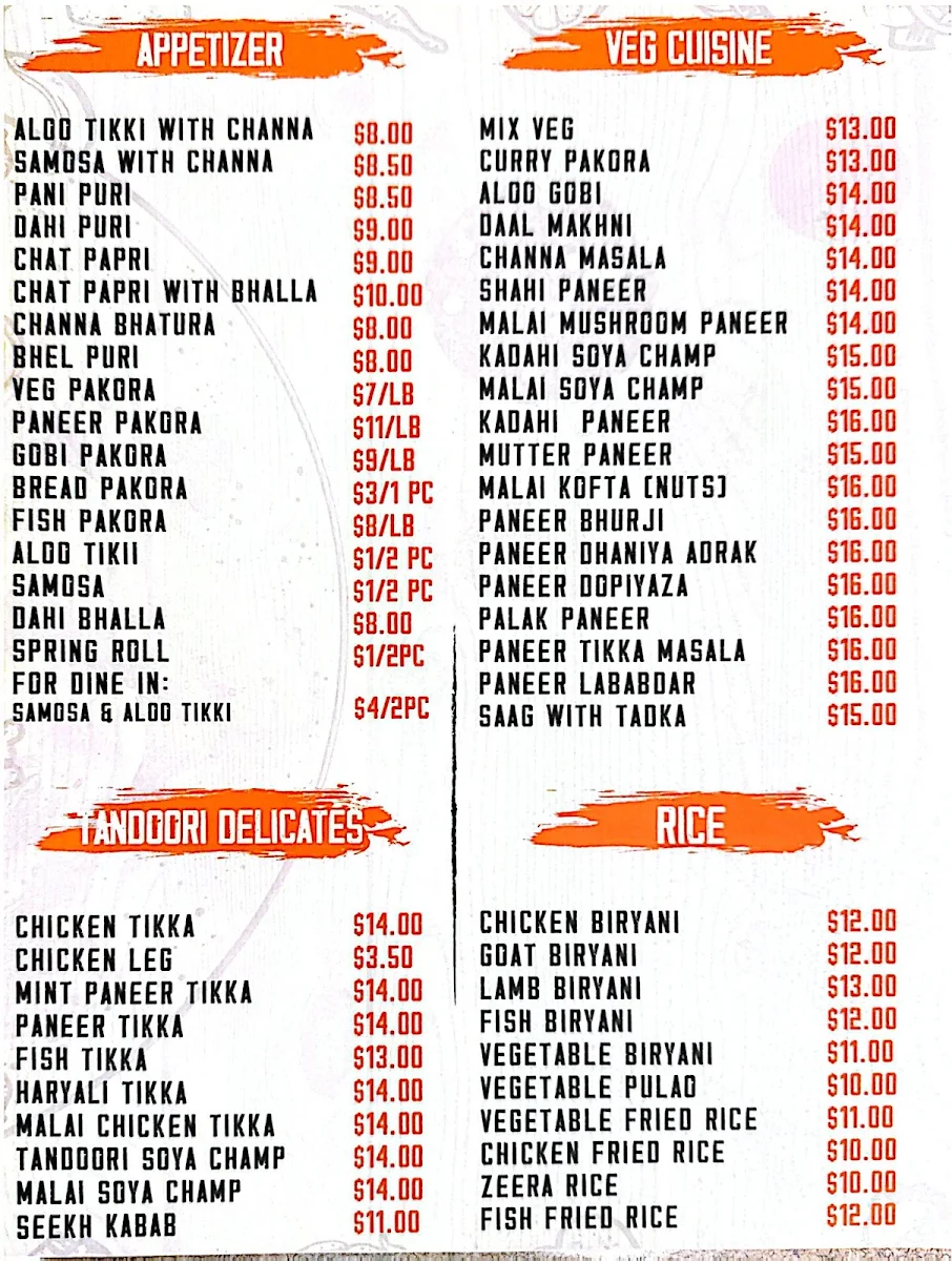 Menu, Lally's Sweets & Tandoori Restaurant